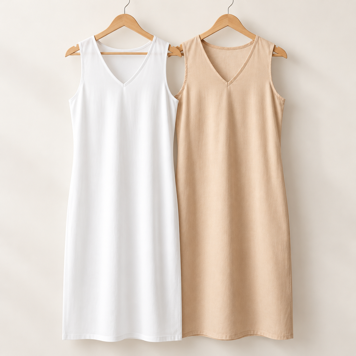 Summer Everyday Duo — White & Beige cotton slips on wooden hangers