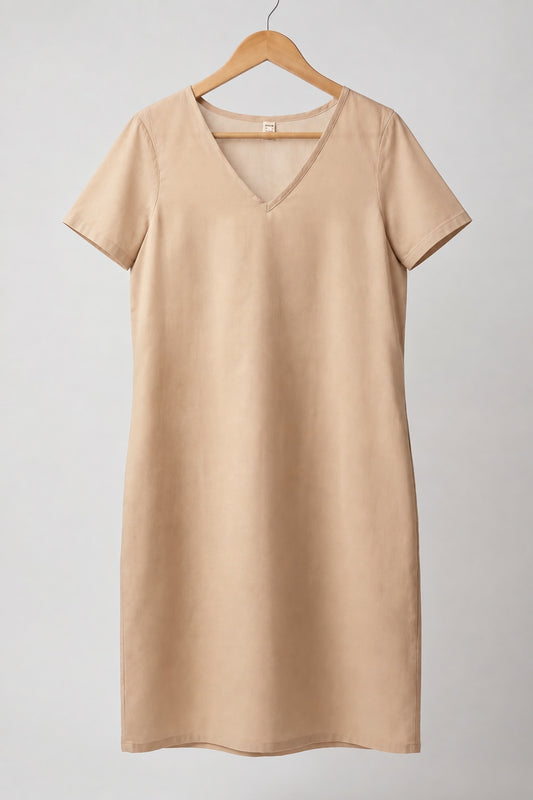 Neechy beige half sleeve long cotton inner slip with a v-neck on a wooden hanger