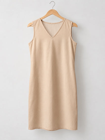 Neechy beige long cotton inner slip with a v-neck on a wooden hanger