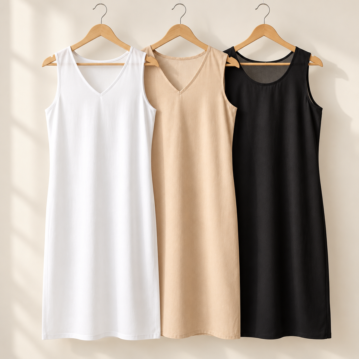 Summer Everyday Trio — White, Beige & Black cotton slips on wooden hangers