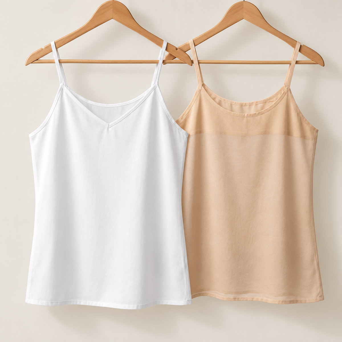 Summer Short Duo — White & Beige cotton slips on wooden hangers
