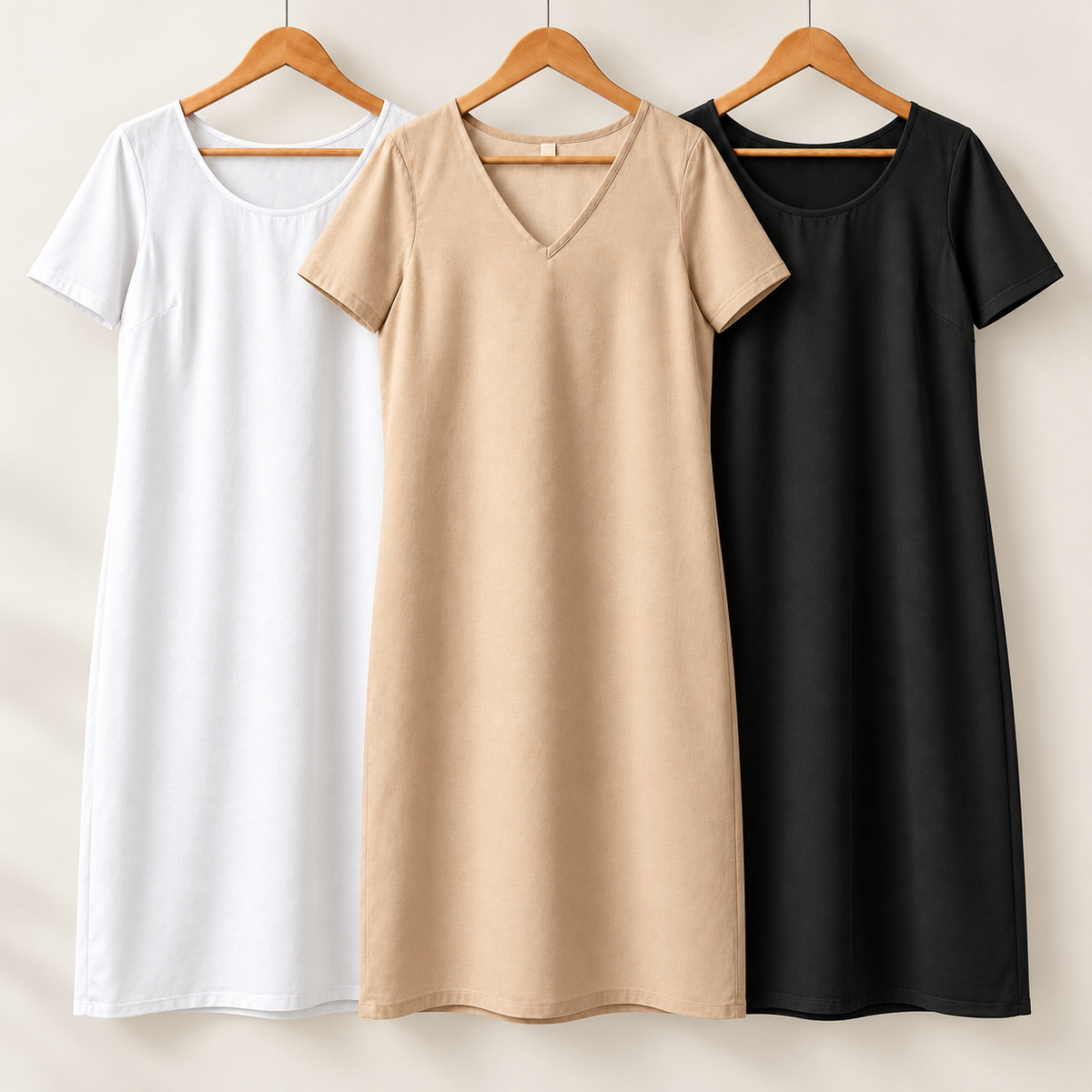 Winter Half Sleeve Trio — White, Beige & Black cotton slips on wooden hangers