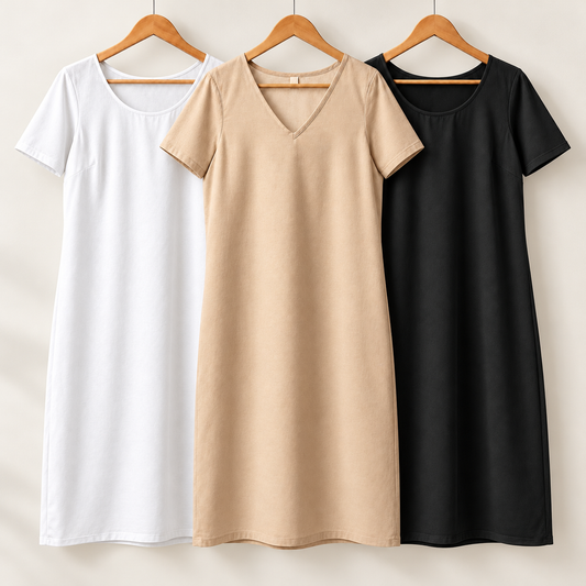 Winter Half Sleeve Trio — White, Beige & Black cotton slips on wooden hangers