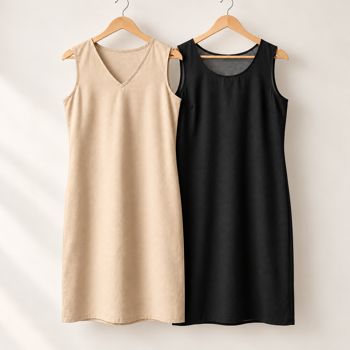 Winter Long Duo — Beige & Black cotton slips on wooden hangers