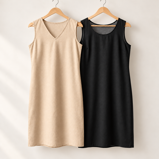 Winter Long Duo — Beige & Black cotton slips on wooden hangers